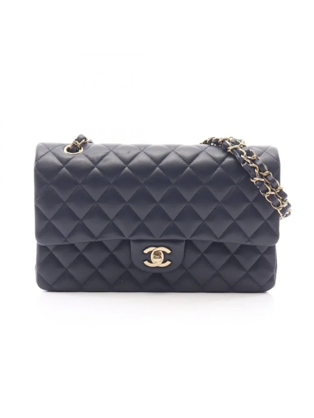 Chanel Shoulder Bag Quilted Double Flap Navy Lambskin Chain